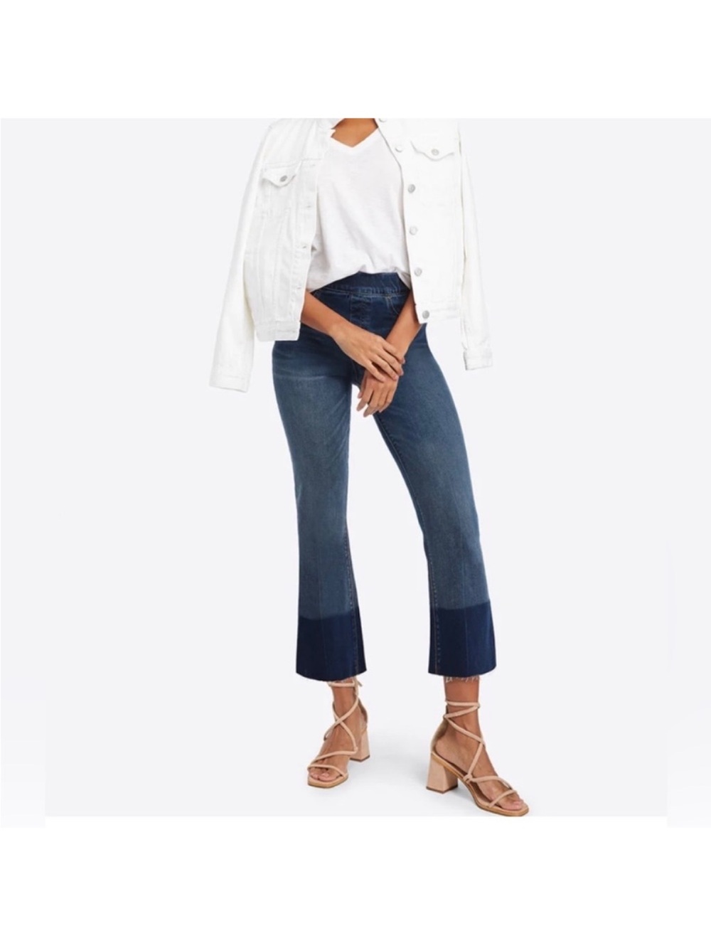SPANX Cropped Flare Raw Hem Denim Jeans | Medium Wash | High-Rise | Size Large